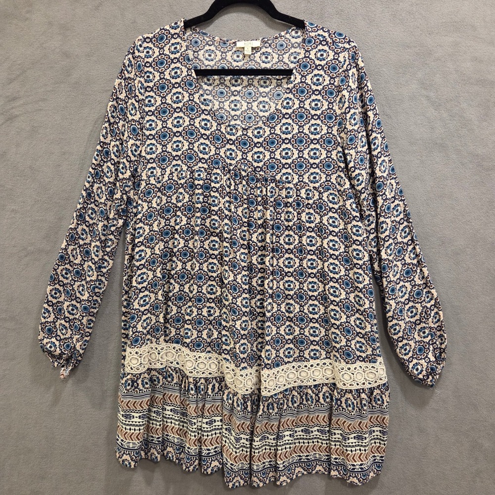 Kori Geometric Tunic Dress Womens Large Boho Lace Festival Hippie Flowy Casual